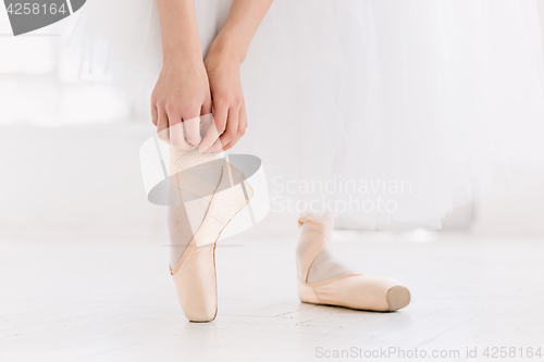 Image of Young ballerina dancing, closeup on legs and shoes, standing in pointe position.