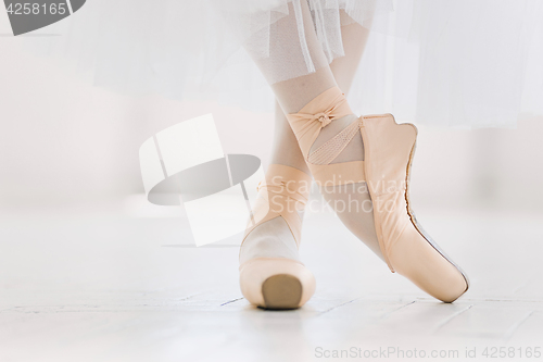 Image of Young ballerina, closeup on legs and shoes, standing in pointe position.