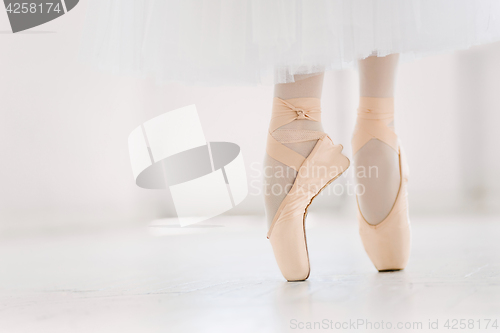 Image of Young ballerina, closeup on legs and shoes, standing in pointe position.