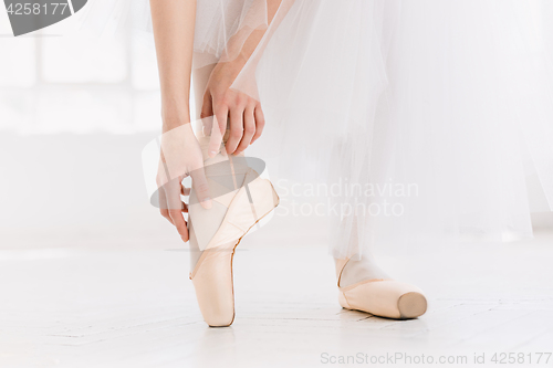 Image of Young ballerina dancing, closeup on legs and shoes, standing in pointe position.