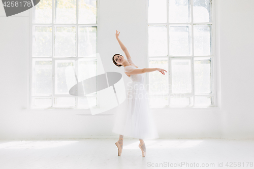 Image of Young and incredibly beautiful ballerina is posing and dancing in a white studio