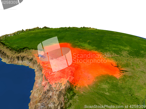 Image of Bolivia in red from orbit