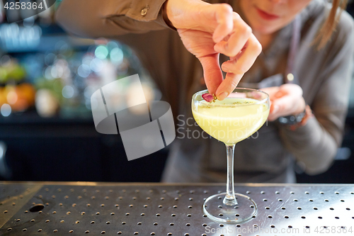 Image of bartender decorating glass of cocktail at bar