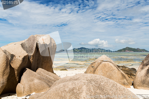 Image of rocks on seychelles island beach in indian ocean