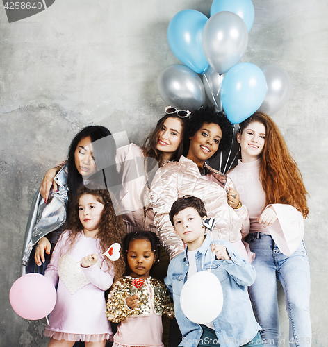 Image of Lifestyle and people concept: young pretty diversity nations woman with different age children celebrating on birth day party together happy smiling, making selfie. African-american, asian and caucasi