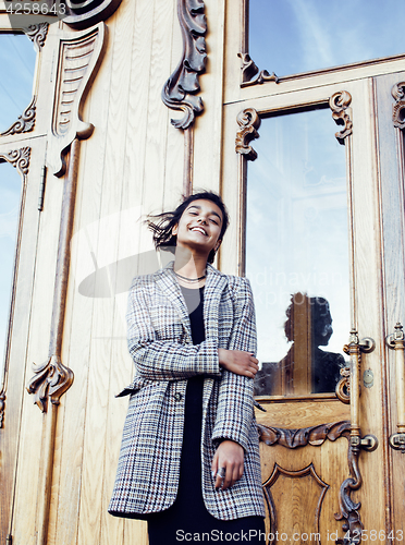 Image of young pretty student teenage indian girl in doors happy smiling, having fun, lifestyle people concept 