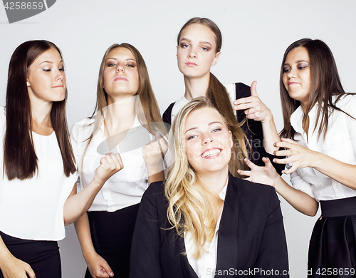Image of lot of businesswomen happy smiling celebrating success of team victory on work, dress code black and white official, lifestyle real working people concept 
