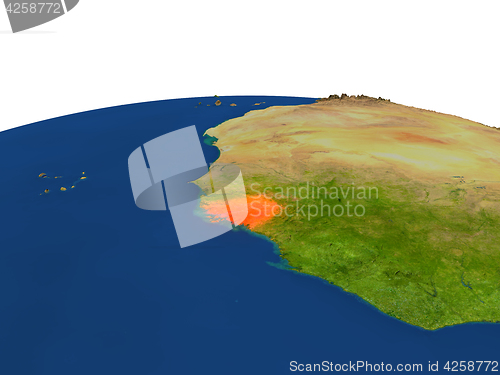Image of Guinea-Bissau in red from orbit