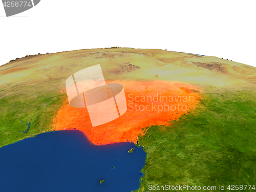 Image of Nigeria in red from orbit