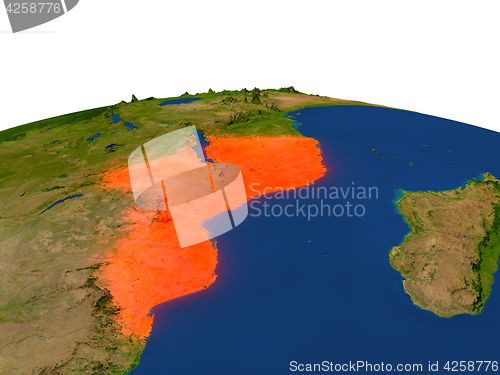 Image of Mozambique in red from orbit