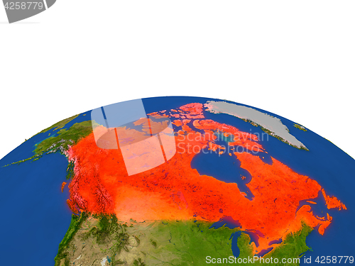 Image of Canada in red from orbit