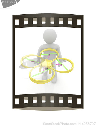 Image of 3d man with drone, quadrocopter, with photo camera. 3d render. 3