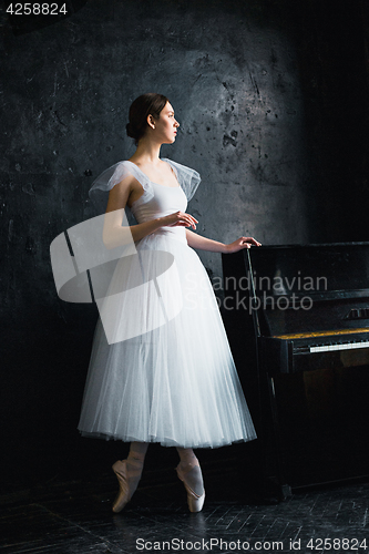 Image of Young and incredibly beautiful ballerina is posing in a black studio