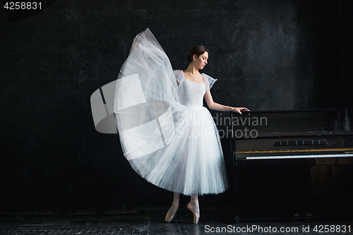 Image of Young and incredibly beautiful ballerina is posing in a black studio