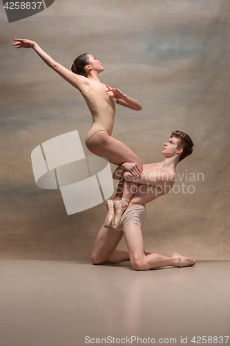 Image of Couple of ballet dancers posing over gray background