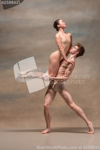 Image of Couple of ballet dancers posing over gray background