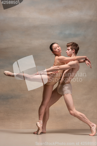 Image of Couple of ballet dancers posing over gray background