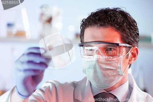 Image of Life science researcher observing cells in petri dish.