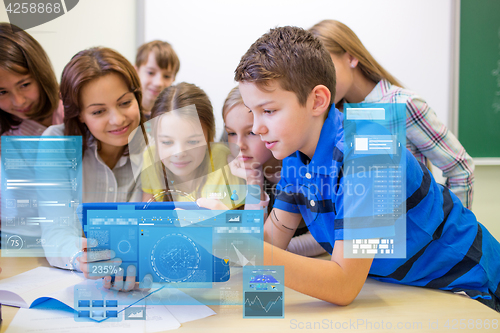 Image of group of kids with teacher and tablet pc at school