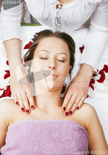 Image of stock photo attractive lady getting spa treatment in salon, healthcare people concept 