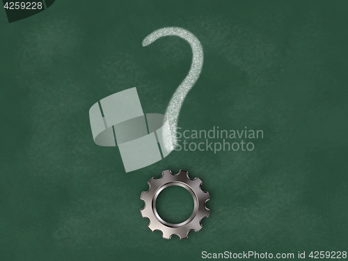 Image of question mark with gear wheel point on chalkboard  background - 3d illustration
