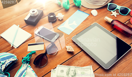 Image of close up of tablet pc and travel stuff