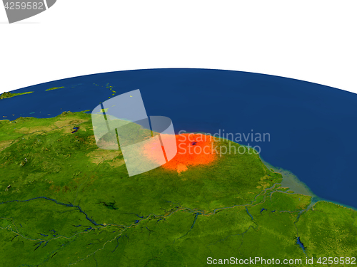 Image of Suriname in red from orbit