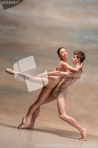 Image of Couple of ballet dancers posing over gray background