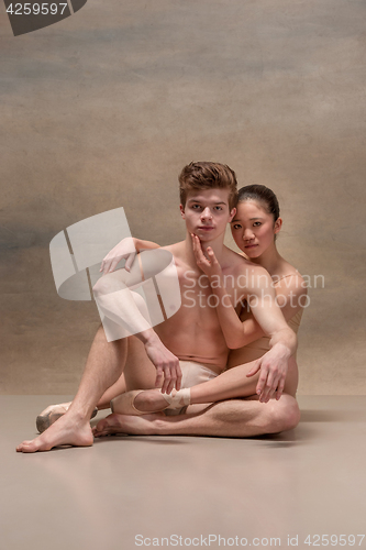 Image of Couple of ballet dancers posing over gray background