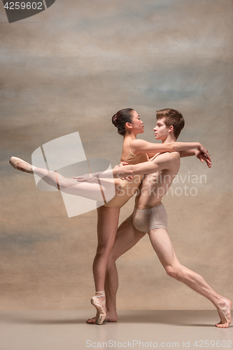 Image of Couple of ballet dancers posing over gray background