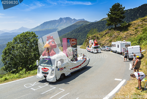 Image of Le Gaulois Caravan in Pyrenees Mountains - Tour de France 2015