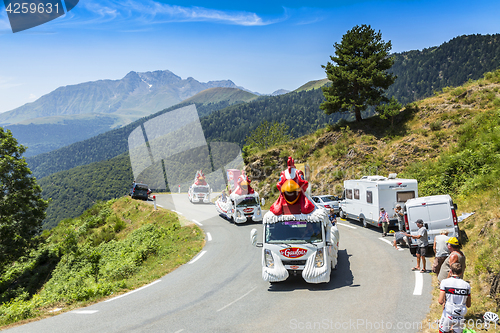 Image of Le Gaulois Caravan in Pyrenees Mountains - Tour de France 2015
