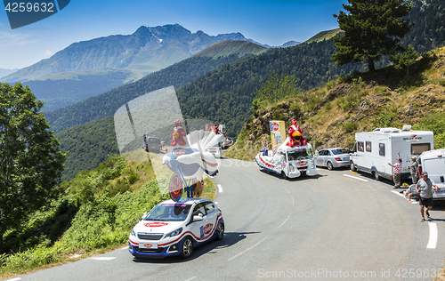 Image of Le Gaulois Caravan in Pyrenees Mountains - Tour de France 2015