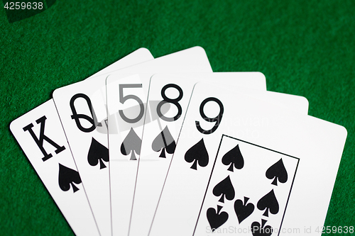 Image of poker hand of playing cards on green casino cloth