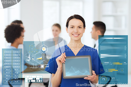 Image of happy doctor over group of medics at hospital