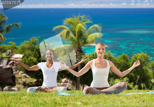 Image of happy couple doing yoga and meditating outdoors