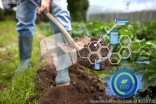 Image of man with shovel digging garden bed or farm