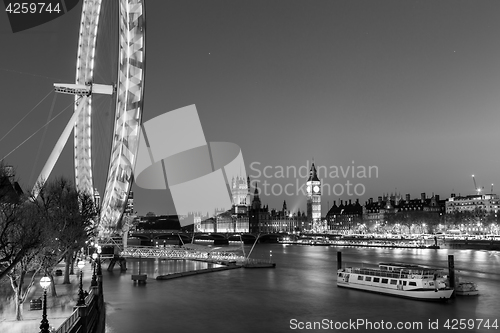 Image of London Eye, Big Ben and Houses of parliament in London, UK.