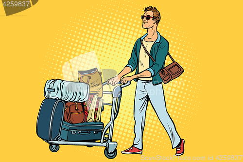 Image of man tourist with Luggage cart
