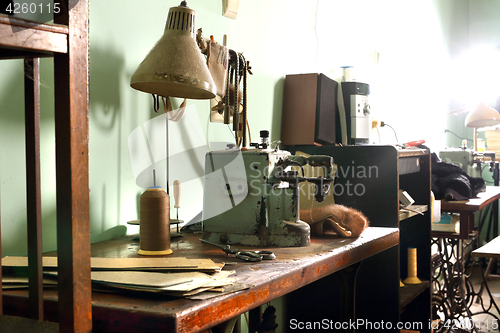 Image of Old sewing. Sewing workshop. Sewing machine.