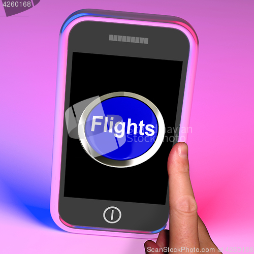 Image of Flights Button On Mobile Shows Overseas Vacation Or Holiday