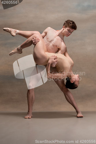 Image of Couple of ballet dancers posing over gray background