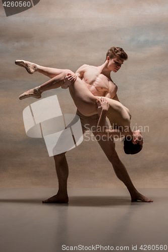 Image of Couple of ballet dancers posing over gray background