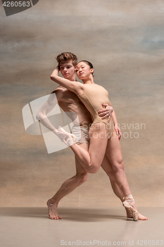 Image of Couple of ballet dancers posing over gray background