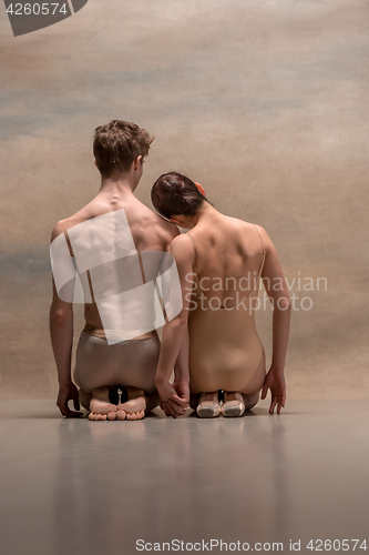 Image of Couple of ballet dancers posing over gray background