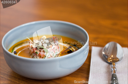 Image of vegetable pumpkin-ginger soup in bowl