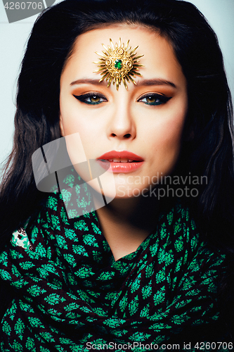 Image of beauty eastern real muslim woman with jewelry close up, bride wi