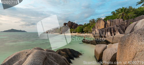 Image of Dramatic sunset at Anse Source d\'Argent beach, La Digue island, Seychelles