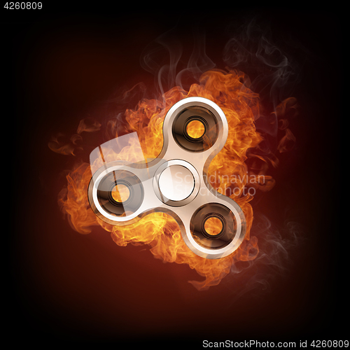 Image of Fidget spinner in fire isolated on black background banner.