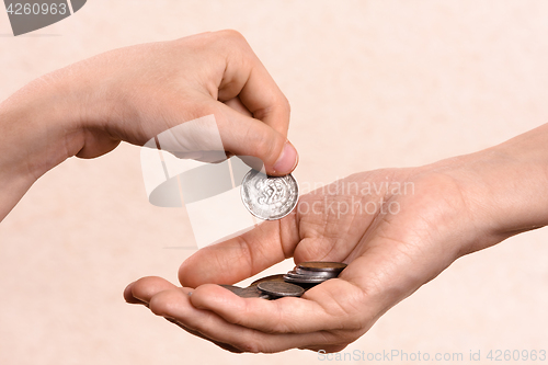 Image of hand putting coins in the palm of another person